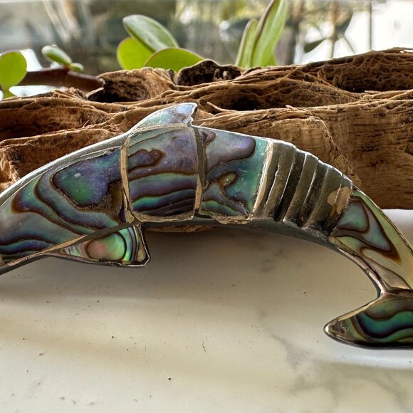 Sterling Silver & Abalone Dolphin Brooch Signed EPB 925 Vintage Hallmarked Jewel - Picture 5 of 8